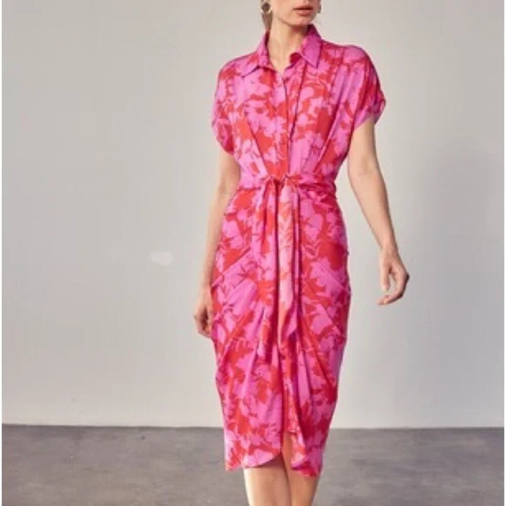 Do + Be Flattering Fit Summer Fall‎ Chic Bold Floral Midi Dress in Berry
